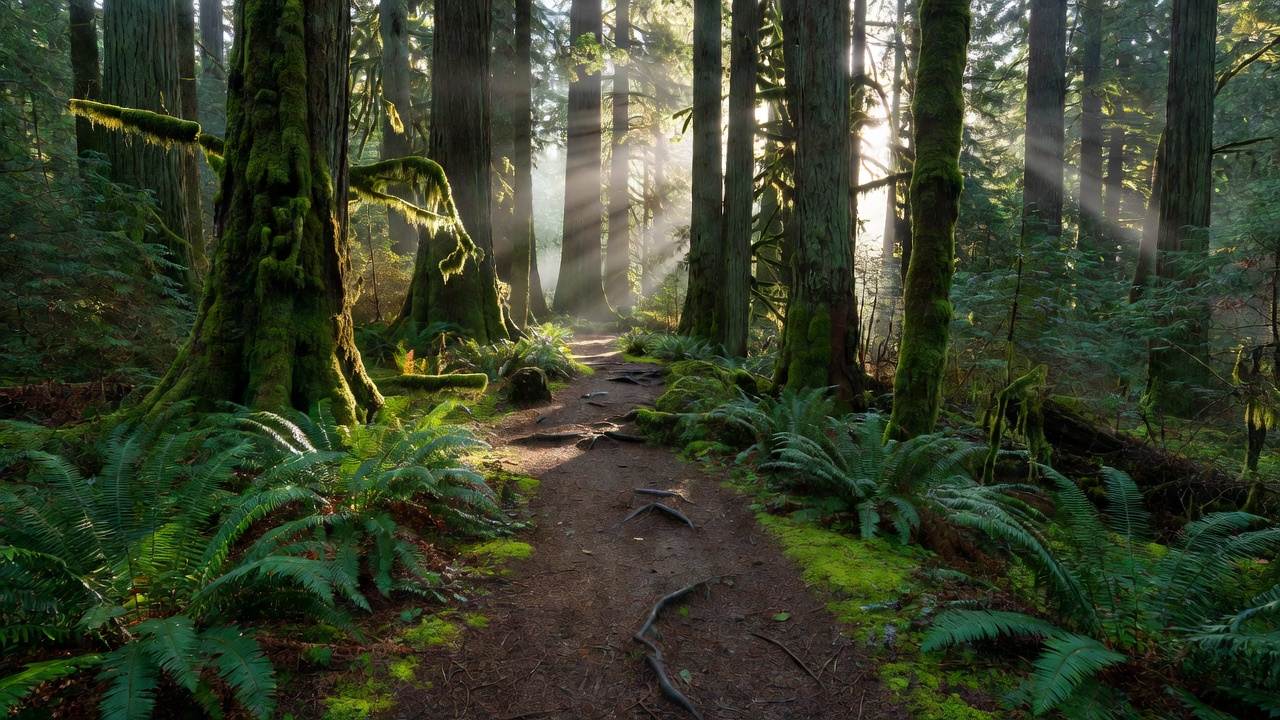 Forest trail through tall Douglas fir and cedar on Fidalgo Island with filtered morning light