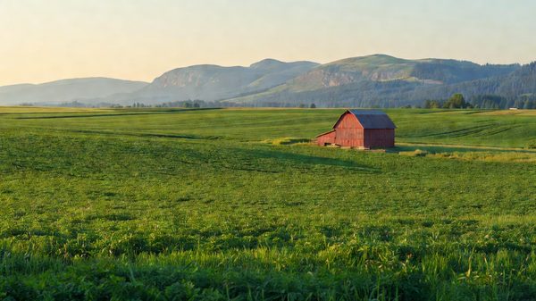 Green Skagit Valley farm field with a red barn at the edge and low mountains in the distance