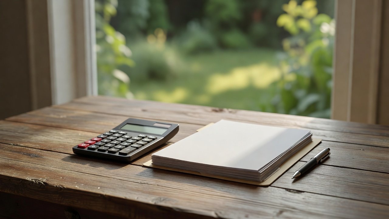 Kitchen table with a calculator, a folder of closing paperwork, and a pen beside a window with a garden view